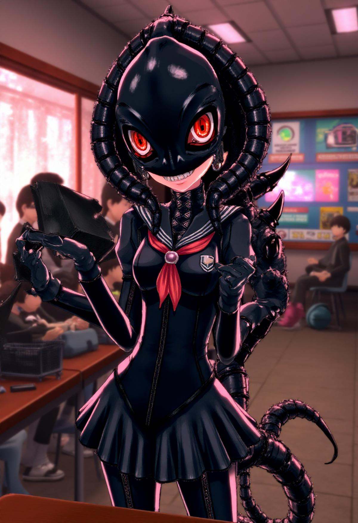 p5style,  black Xenomorph wearing sailor fuku outfit,  blushing shyly holding her own hands together. Pop punk school back...