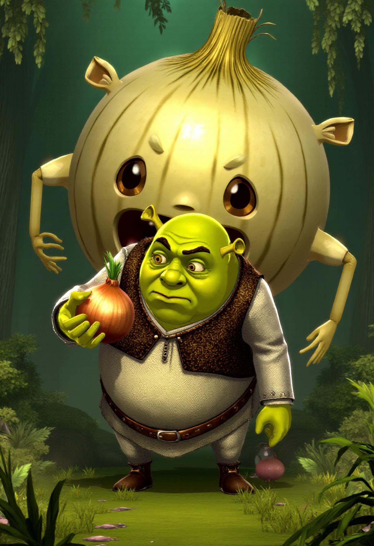 p5style,  Shrek holding an onion against his own head. Behind him is a giant onion with arms,  legs on Tensor.Art