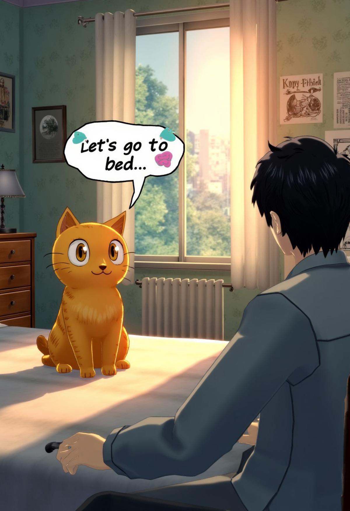 p5style,  a cat sitting on a bed,  looking at a man. The cat has a speech bubble saying "let's go to bed". on Tensor.Art