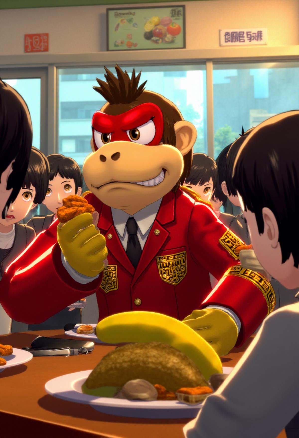 p5style,  Donkey Kong dressed in school uniform sitting down eating banana at the cafeteria with other students,  trying t...