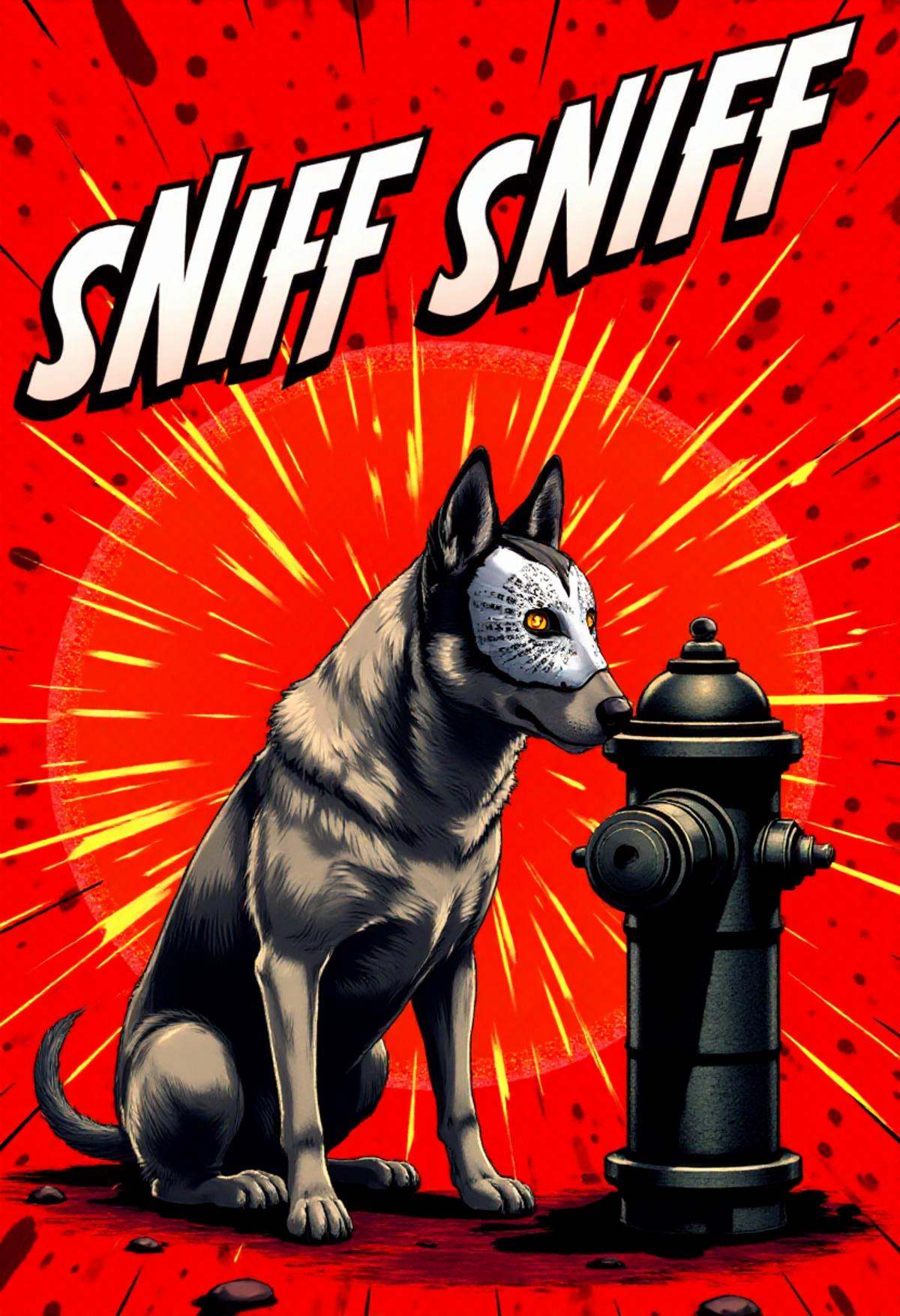 p5style,  a dog wearing a masquerade mask sniffing a fire hydrant. Diagonal bold text: "SNIFF SNIFF". Red pop punk flashy...