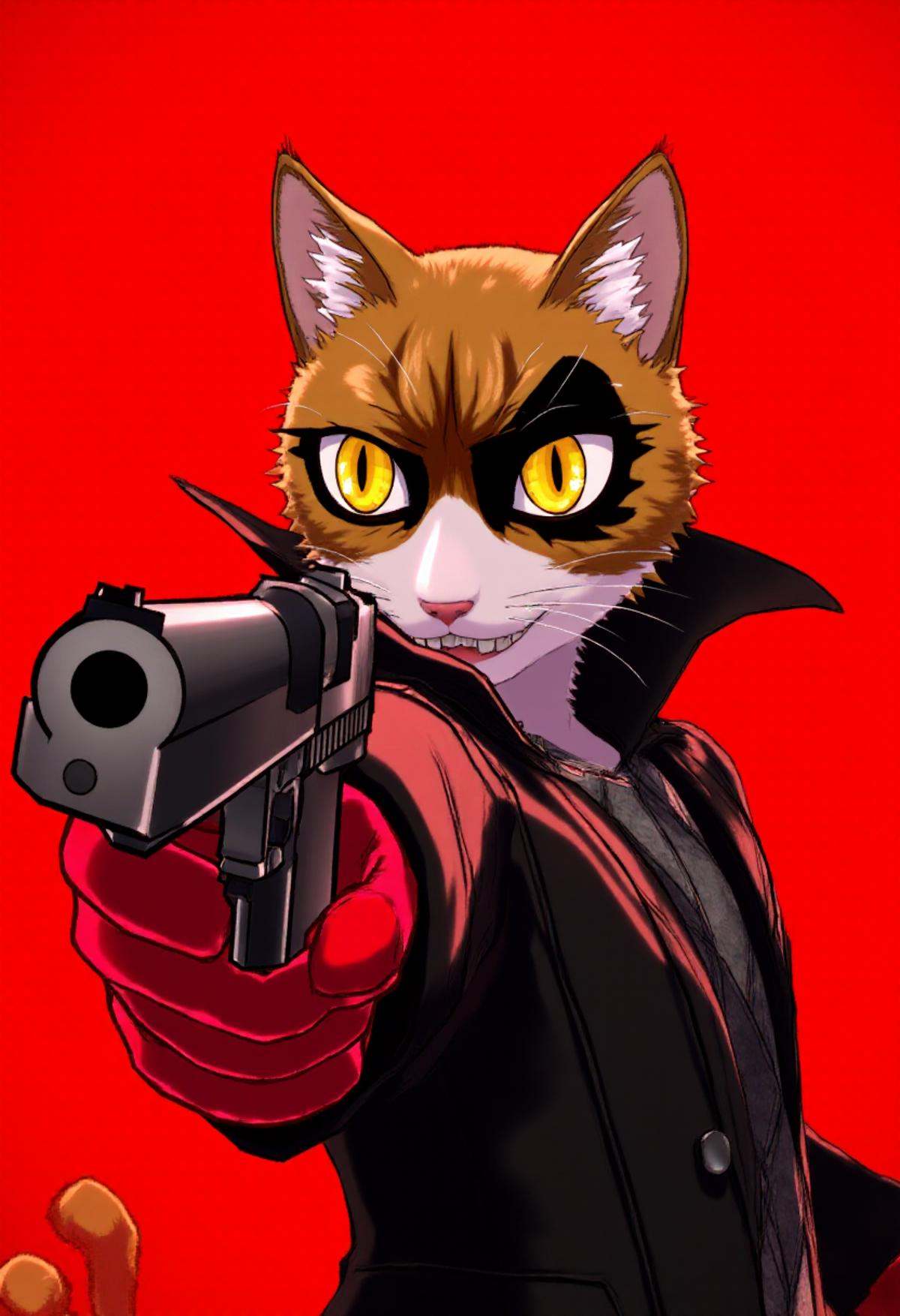 p5style,  a cat aiming a pistol at the viewer. Text at top of image clearly reads: "Persona 5 Style" . Pop punk red backgr...