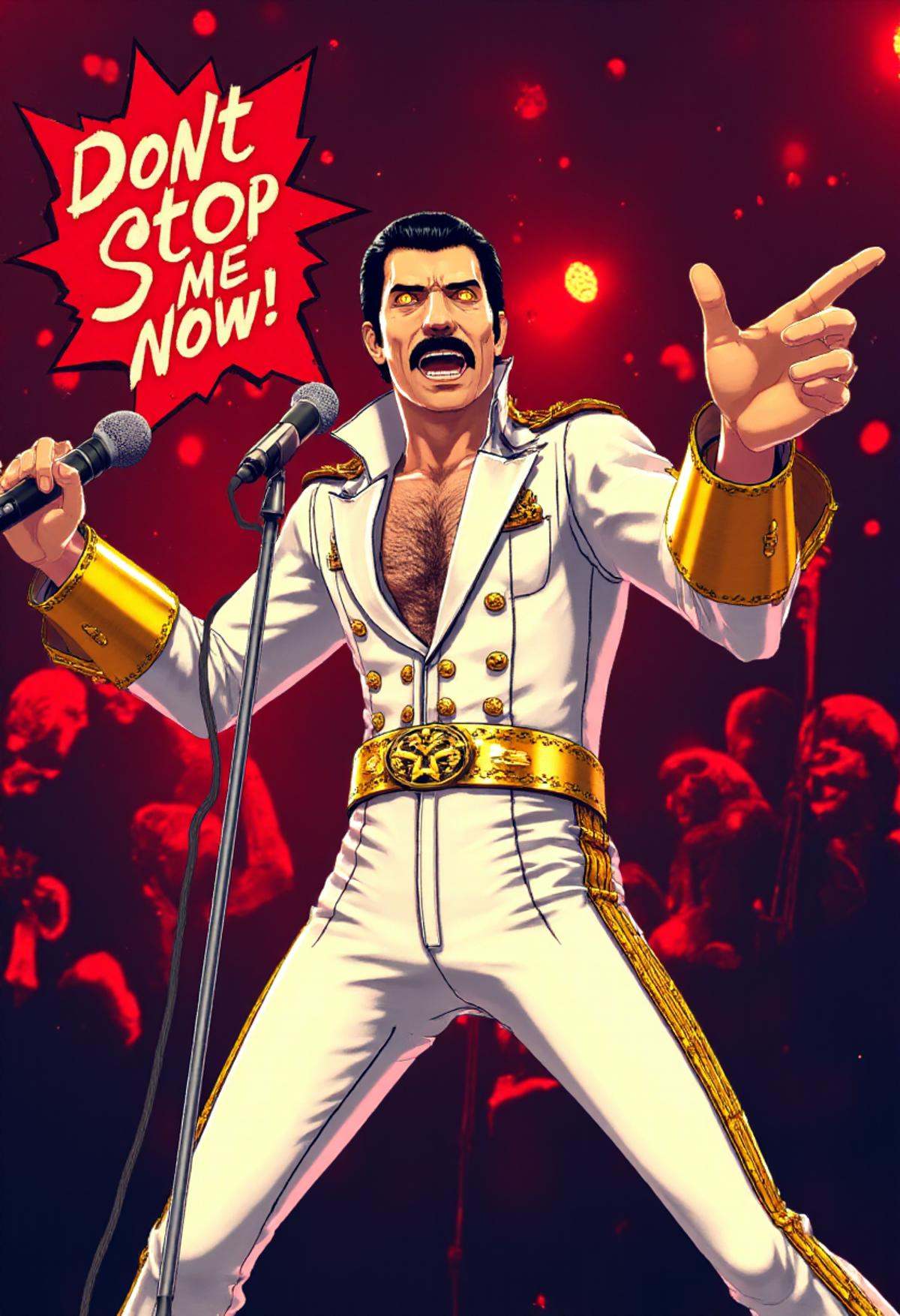 p5style,  Freddie Mercury in a white outfit,  singing on stage. pop punk background with text: "Don't stop me now!" on Ten...