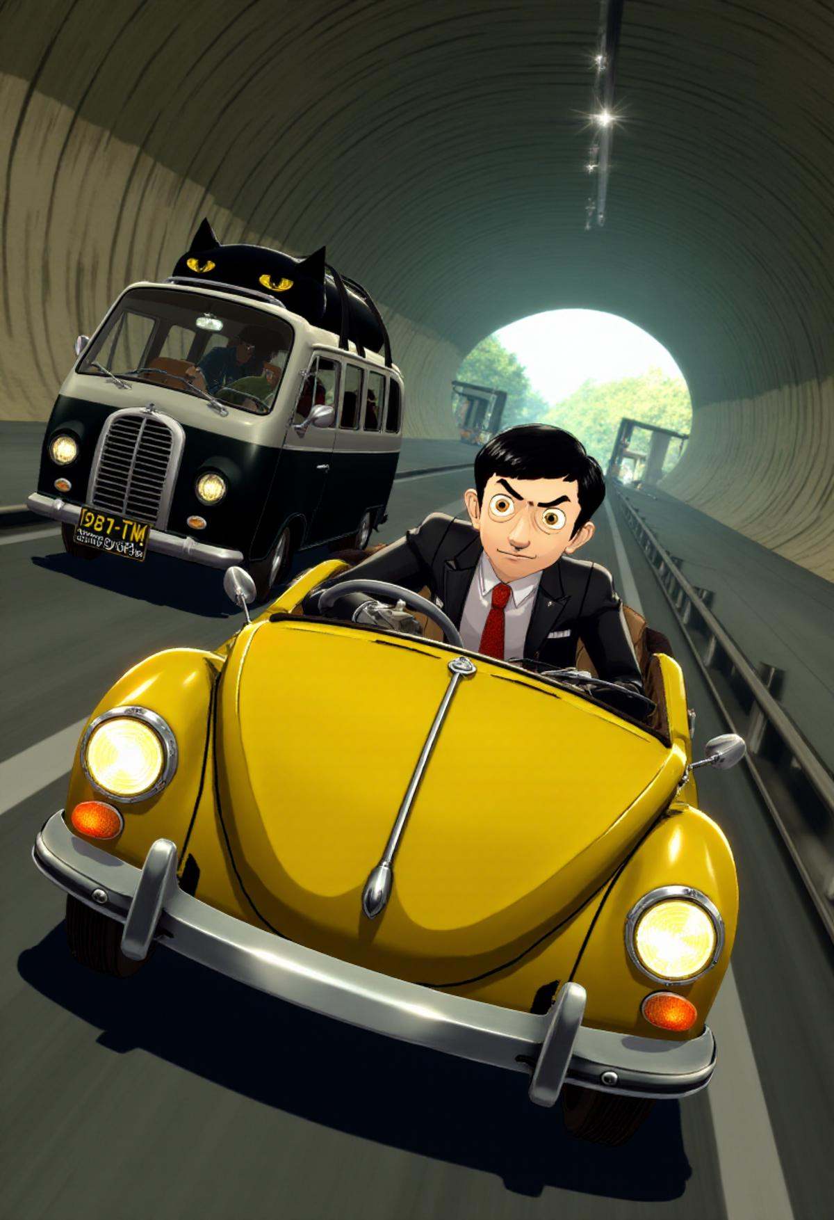 p5style,  Mr Bean sitting,  driving a small yellow british car in an underground tunnel. There is a black minivan with cat...