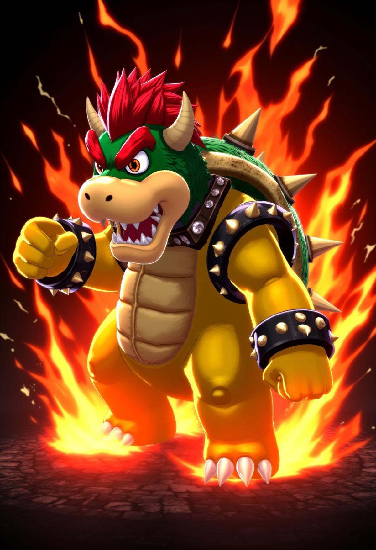 p5style,  Bowser surrounded by fire in a crazy action pose. Black pop punk style background on Tensor.Art