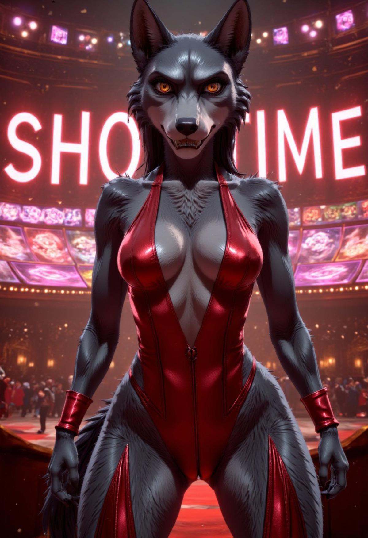 p5style,  an anthro furry wolf woman dark grey fur and large breasts wearing a skimpy red leather outfit. Large text: "It'...