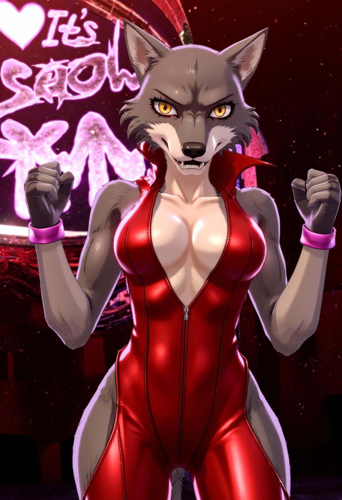 p5style,  an anthro furry wolf woman with large breasts wearing a skimpy red leather outfit. Large text: "It's SHOWTIME" o...