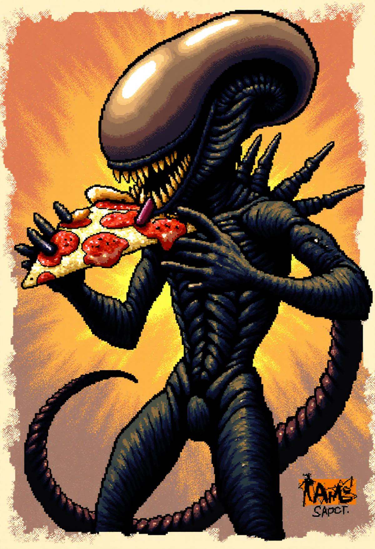 yoshislestyle,  a black Xenomorph eating pizza. on Tensor.Art