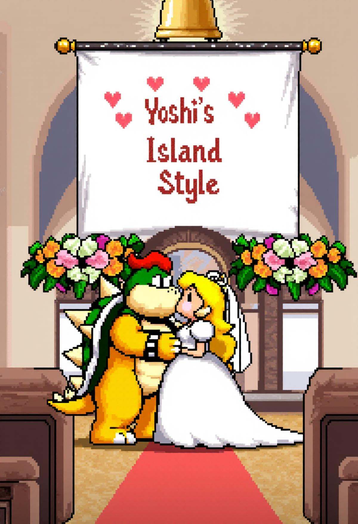yoshislestyle,  pixel art style,  Bowser and Princess Peach getting married in a cute church. They are kissing under a lar...