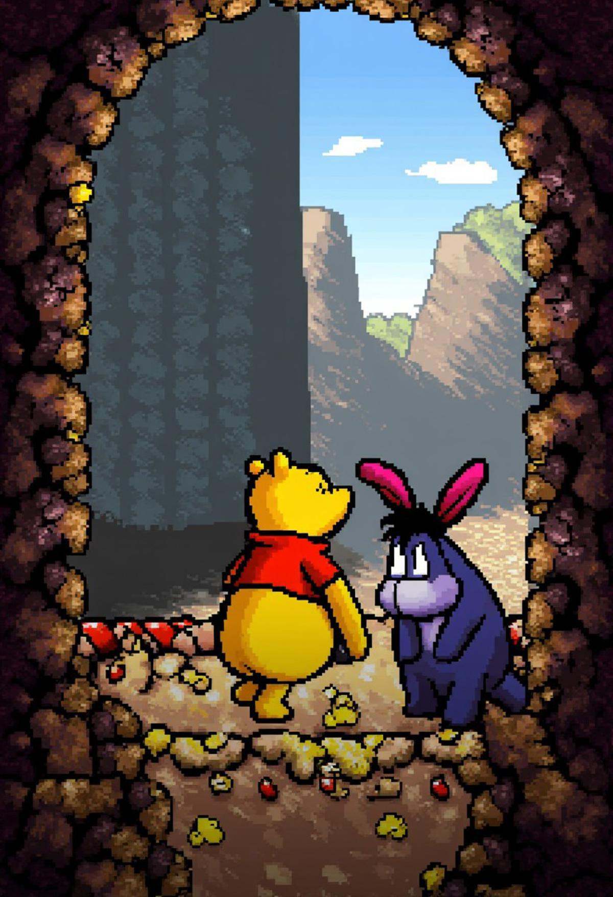 yoshislestyle,  pixel art style,  Winnie the Pooh and Eeyore walking through hell on Tensor.Art