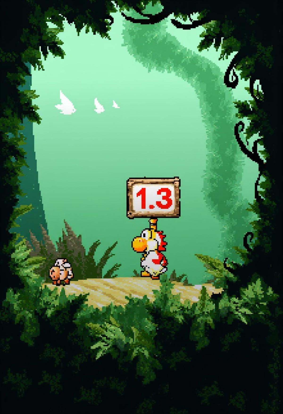 yoshislestyle,  pixel art style,  yoshi in a jungle holding up a sign that says "1.3" on Tensor.Art