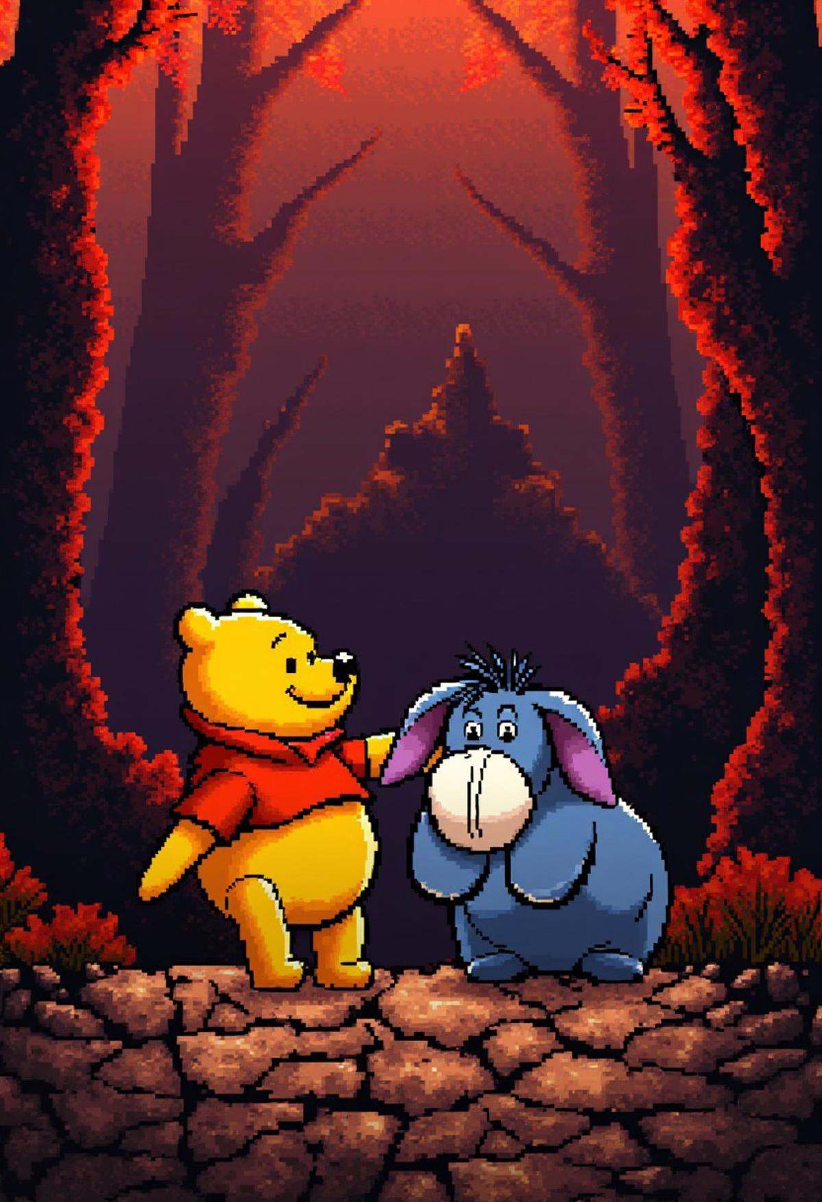 yoshislestyle,  pixel art style,  Winnie the Pooh and Eeyore walking through hell on Tensor.Art