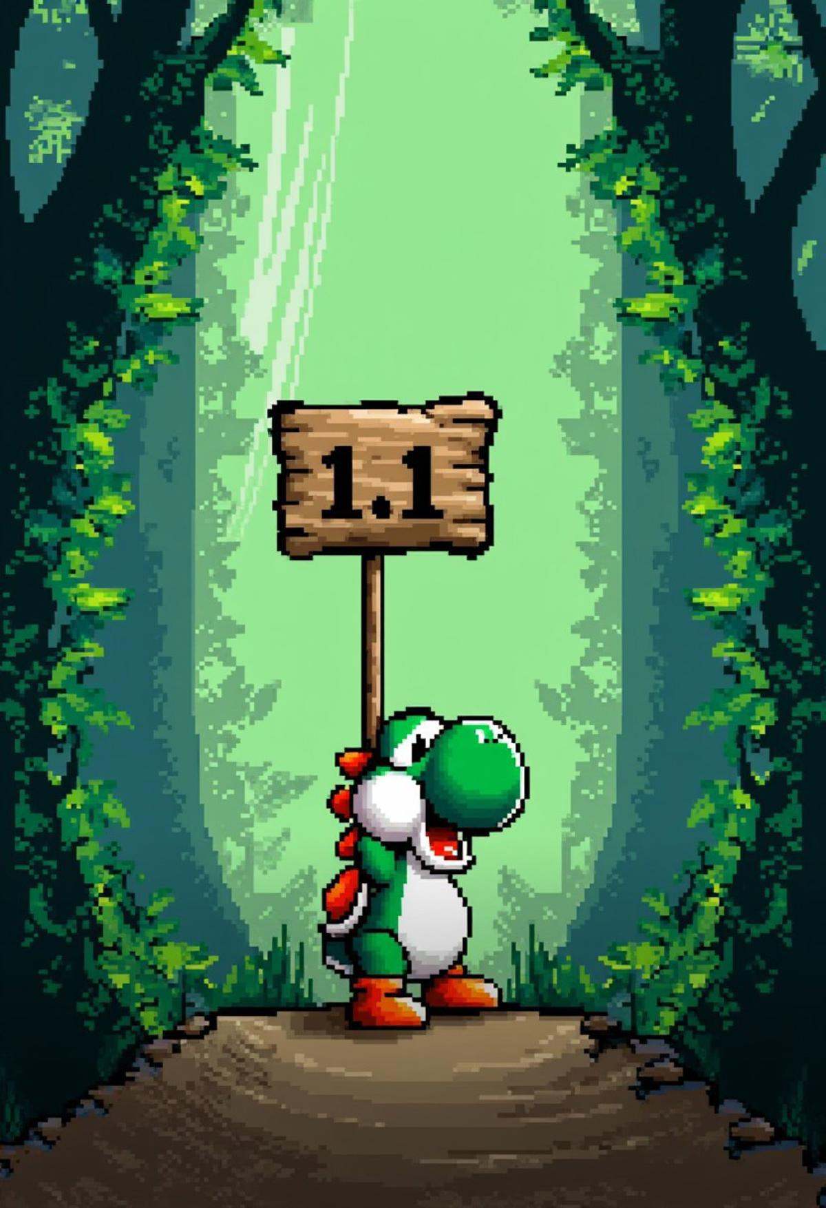 yoshislestyle,  pixel art style,  yoshi in a jungle holding up a sign that says "1.1" on Tensor.Art