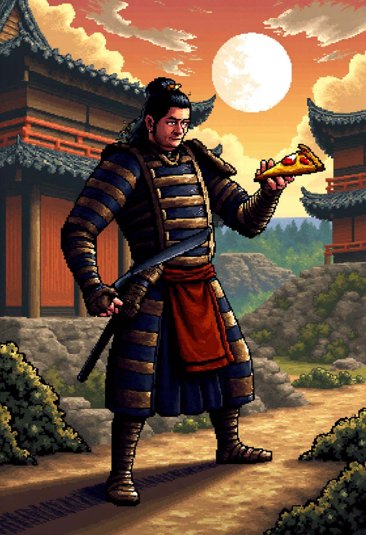 yoshislestyle,  pixel art style,  Samurai wielding a slice of pizza in feudal japan. on Tensor.Art