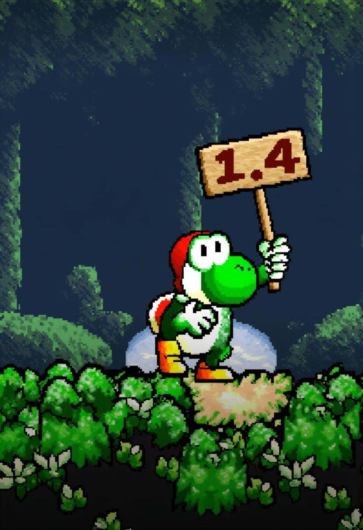 yoshislestyle,  pixel art style,  yoshi in a jungle holding up a sign that says "1.4" on Tensor.Art