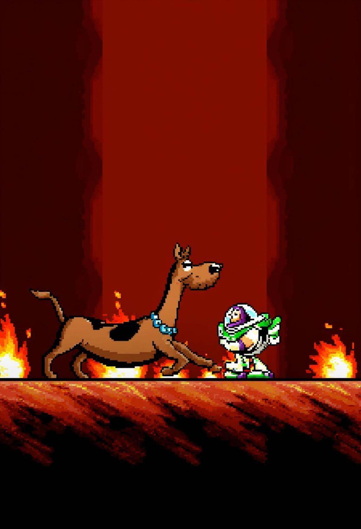 yoshislestyle,  pixel art style,  Scooby Doo walking through hell with Buzz Lightyear on Tensor.Art