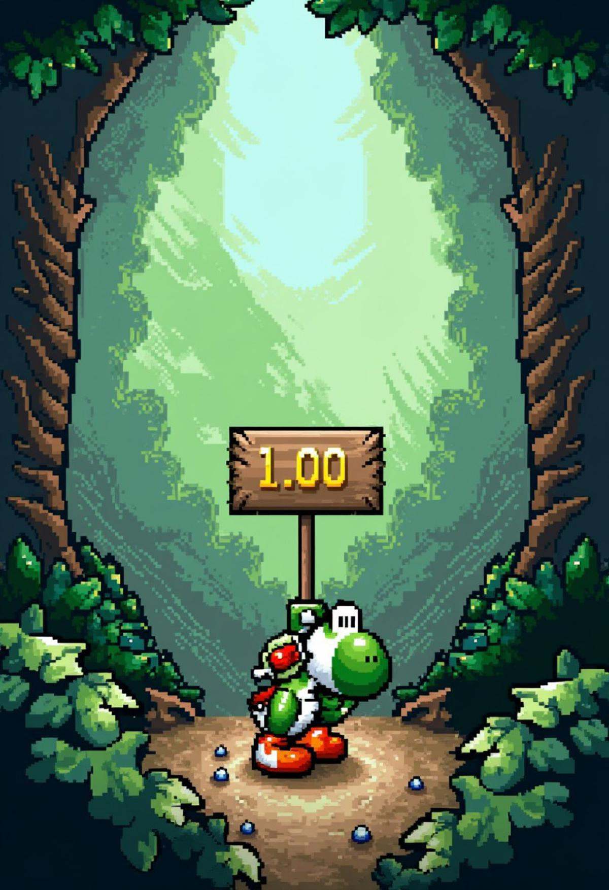 yoshislestyle,  pixel art style,  yoshi in a jungle holding up a sign that says "1.0" on Tensor.Art