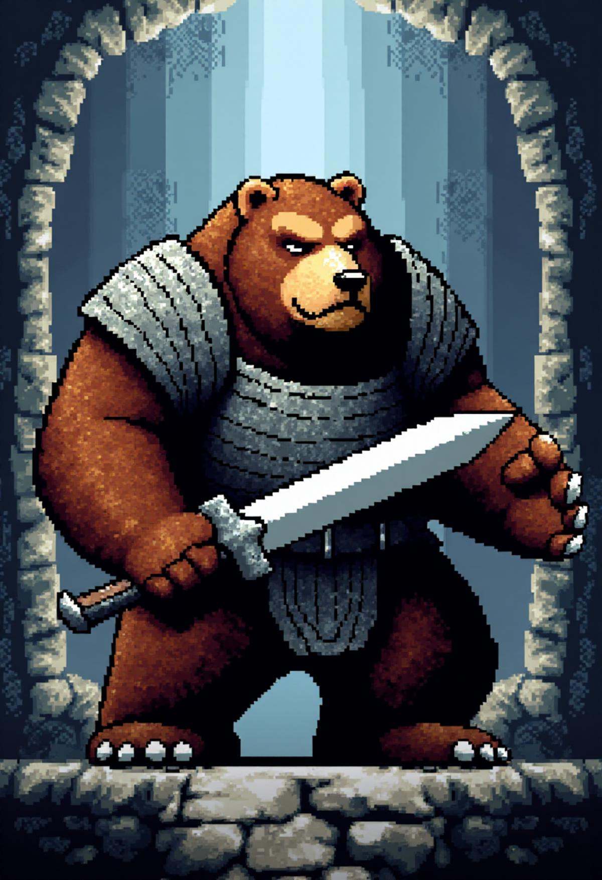 yoshislestyle,  pixel art style,  a large grizzly bear knight with heavy armor wielding a greatsword in a castle. on Tenso...