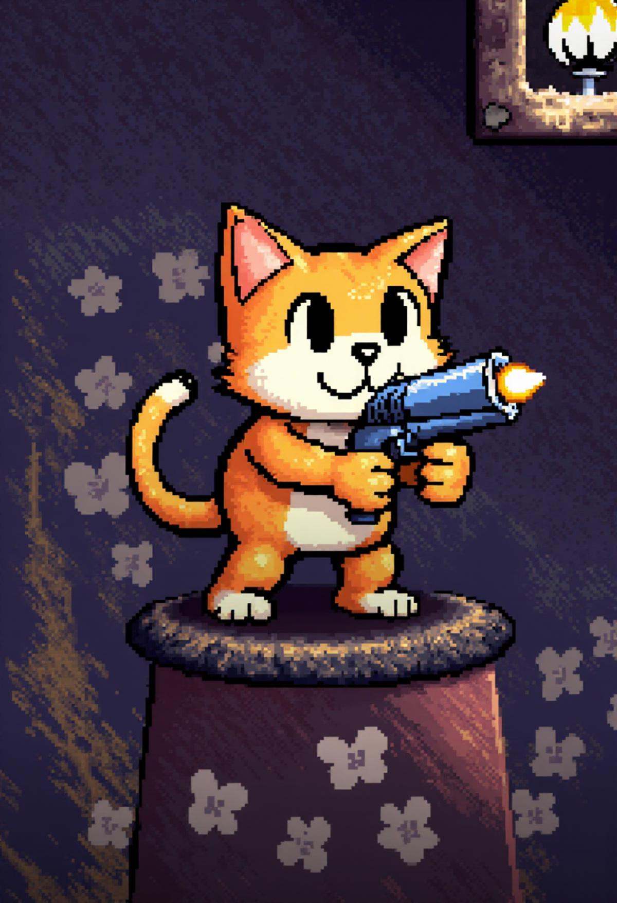 yoshislestyle,  pixel art style,  a cat aiming a pistol at the viewer on Tensor.Art
