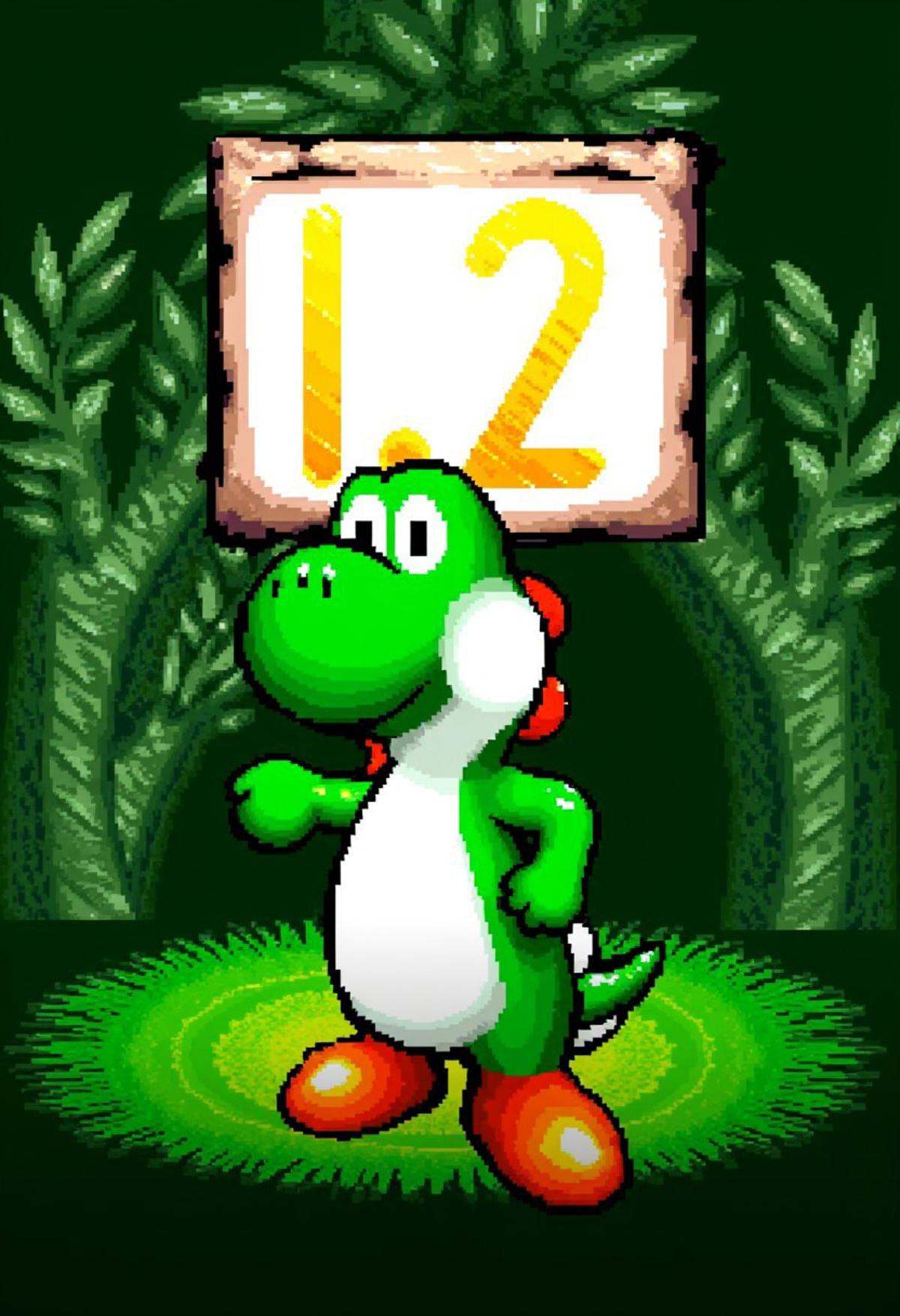 yoshislestyle,  pixel art style,  yoshi in a jungle holding up a sign that says "1.2" on Tensor.Art