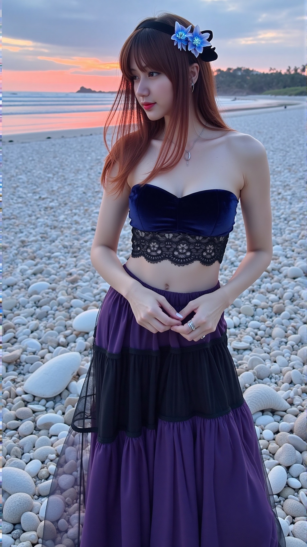 "A white woman with long,  flowing dark red hair adorned with luminous indigo flowers,  stands on a pristine white shell b...