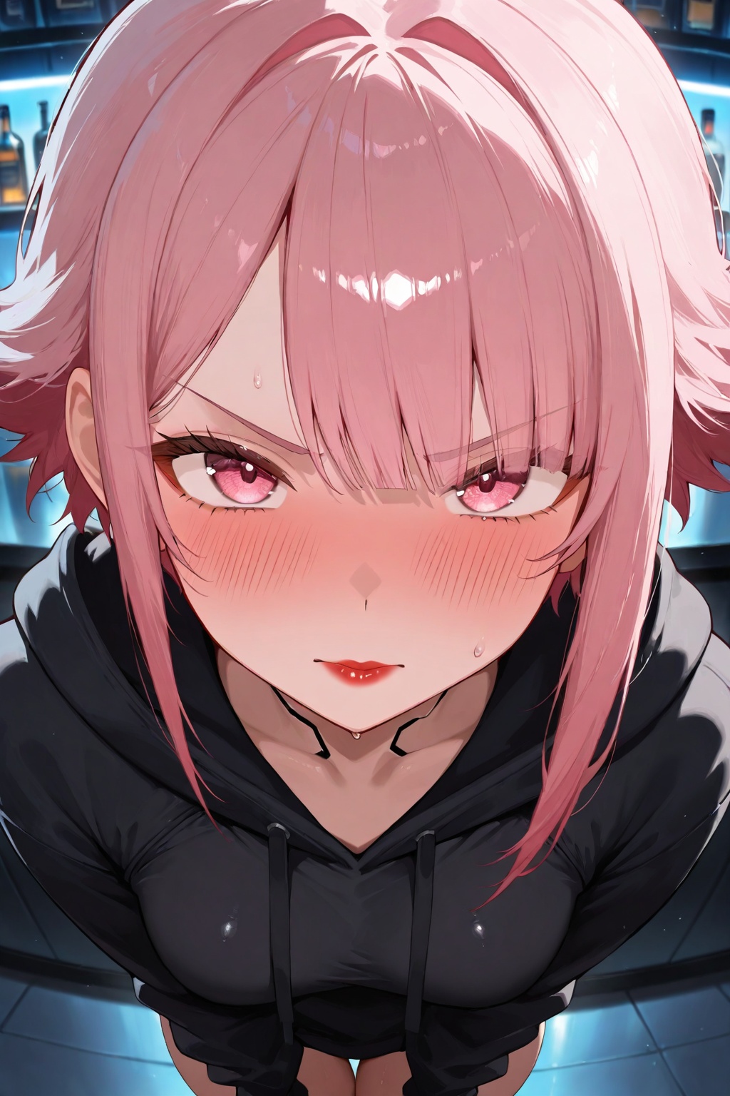 masterpiece, best quality, amazing quality, very aesthetic, high resolution, ultra-detailed, absurdres, newest, 8k UHD, POV, close up, 1girl, solo, look at viewer, short pink hair, bangs, pink eyes, red lips, tsundere, blushing, angry cute face, cyberpunk style, bar, standing, black hoodie, red shirt