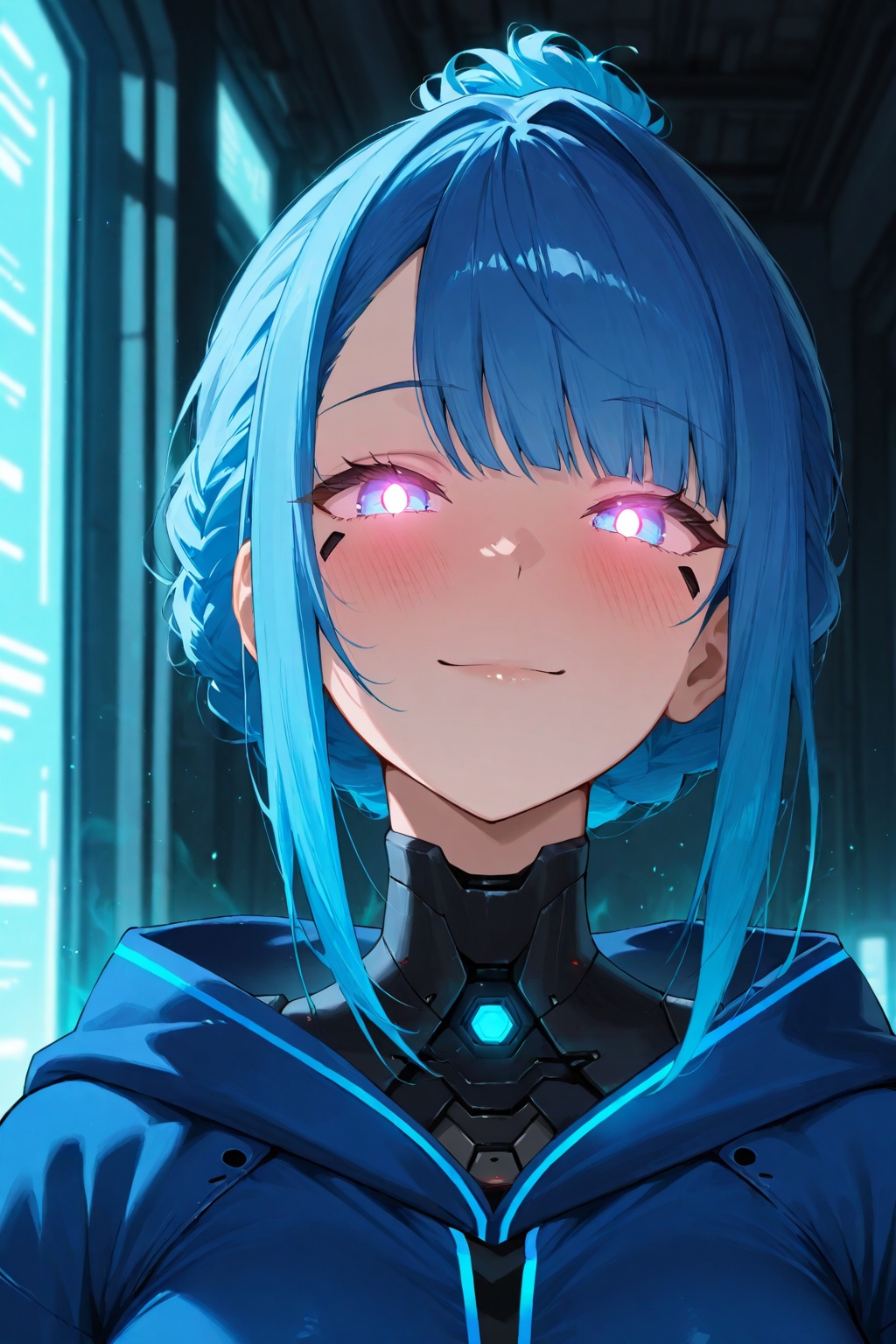 masterpiece, best quality, amazing quality, very aesthetic, high resolution, ultra-detailed, absurdres, newest, 8k UHD, close up, cyborg, 1girl, solo, look at viewer, short blue hair, bobbed hairstyle, bangs, slight smile, happy face, blushing, glowing eyes, cyberpunk, indoors, sorceress, blue robe, hood, magic, fantasy, blue energy aura, blue light particles, neon room