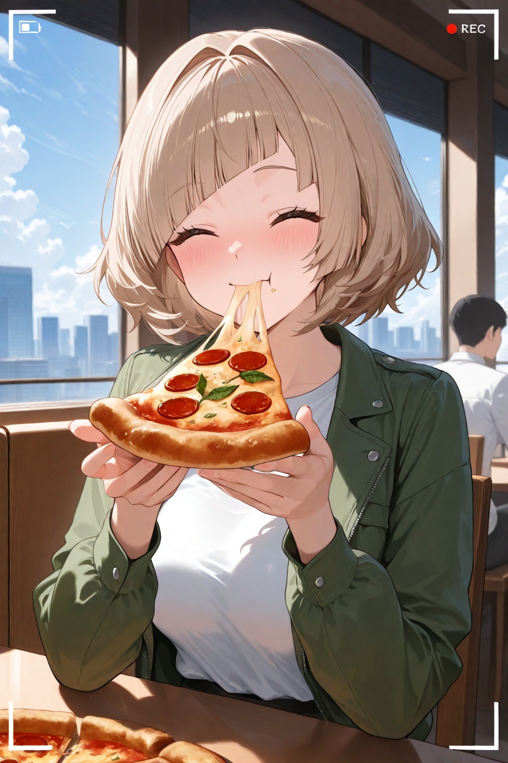 masterpiece, best quality, very aesthetic, ultra-detailed, incredibly absurdres, viewfinder, facing view, upper body, 1girl, solo focus, eating pizza, light brown hair, short hair, bob cut, hair intakes, wavy hair, diagonal bangs, happy, excited, green jacket, white shirt, restaurant, sitting on chair, table, indoors, volumetric lighting, window, city, blue sky, clouds, sunlight, shade