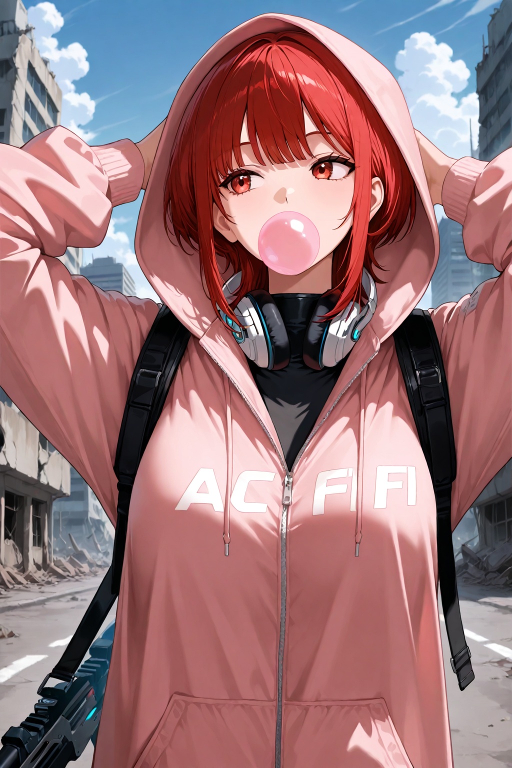 masterpiece, best quality, very aesthetic, ultra-detailed, absurdres, upper body, facing viewer, hands behind own head, 1girl, solo, look away, red hair, medium hair, choppy bangs, himecut, sidelocks, red eyes, bubble gum, pink hoodie, hood up, black shirt, techwear, plasma rifle, (weapon on own behind), headphone on neck, apocalypse, ruined city, blue sky, street, clouds, sci-fi