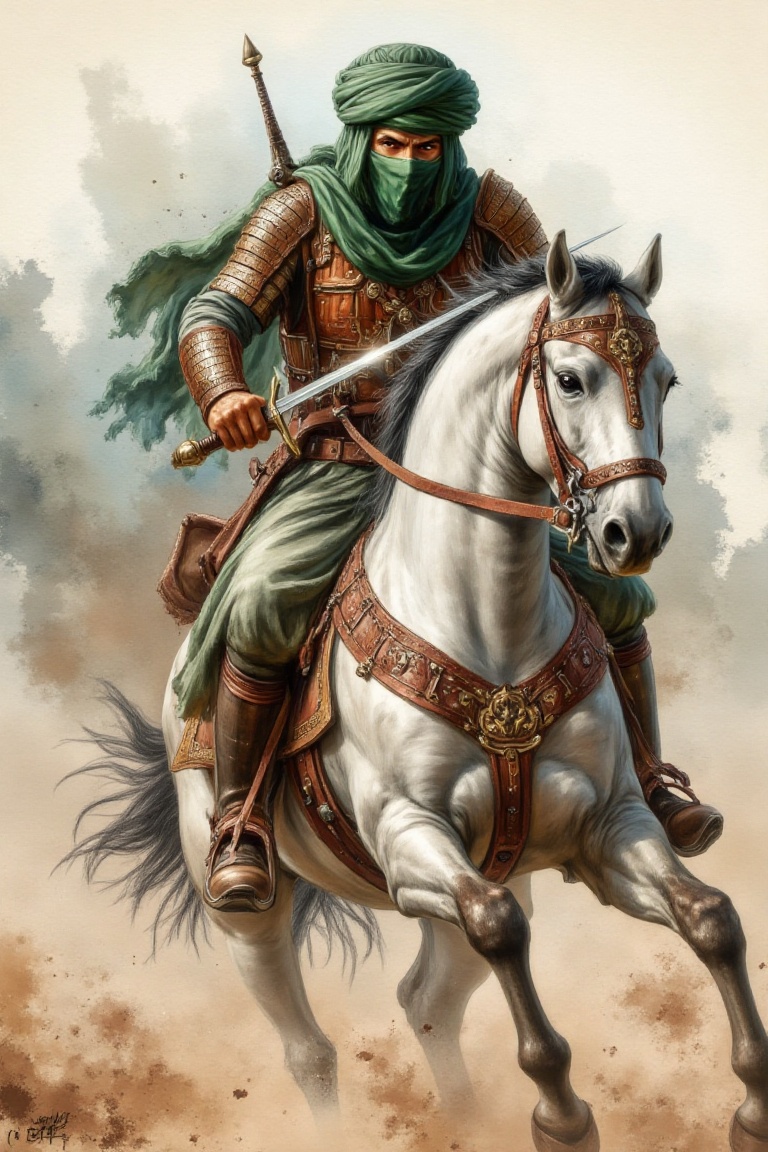 "Arabianwarrior": A warrior clad in traditional armor and a green turban,  sitting astride a white horse. He holds a sword...