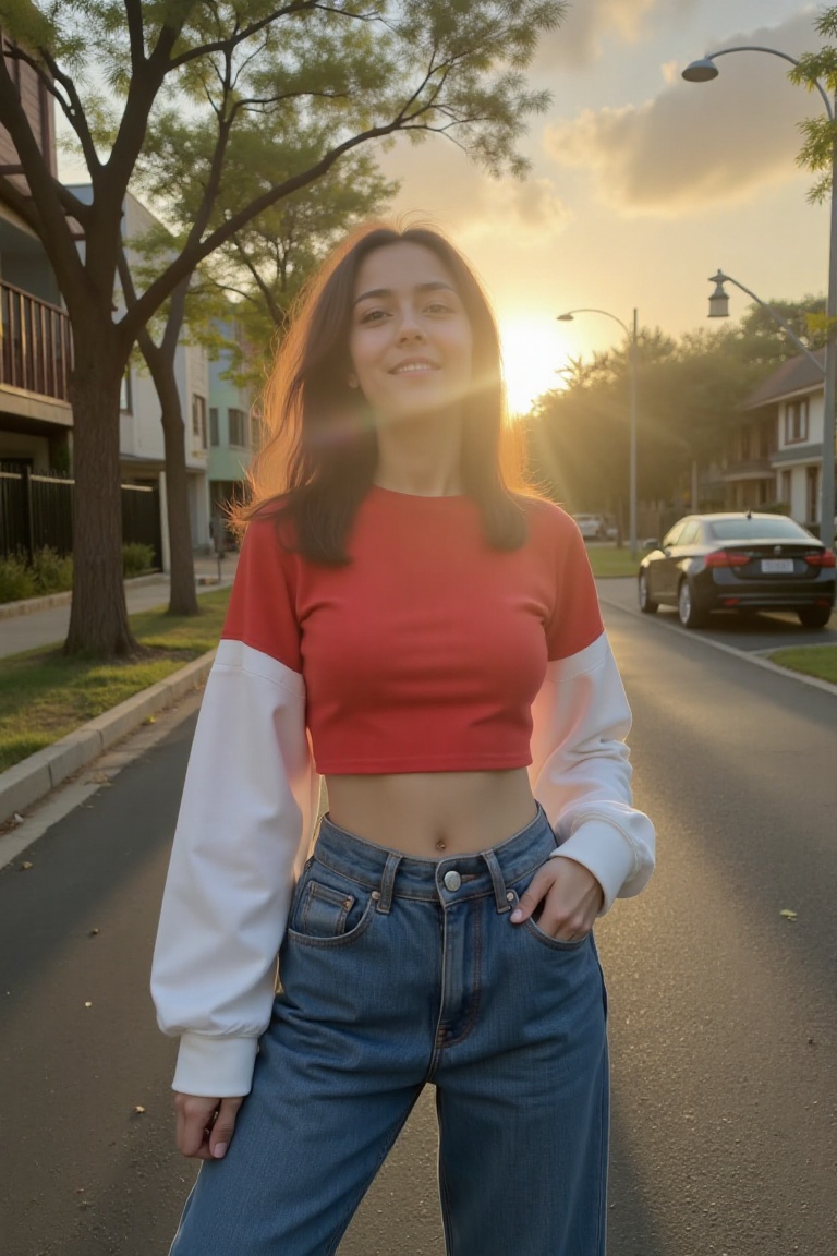 A young woman poses confidently against the warm glow of sunset,  her bright red crop top and white long sleeves creating...