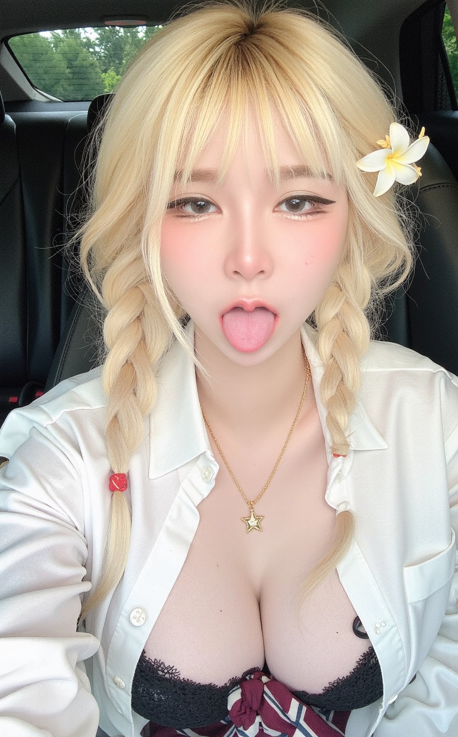 The image shows a person with long blonde hair styled in two braids,  one of which is adorned with a white flower. They ar...
