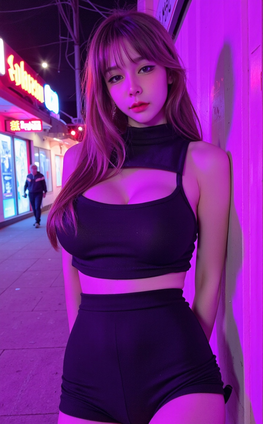 Portrait of a young woman standing under neon lights,  her skin illuminated with vibrant pink and blue hues. Captured with...