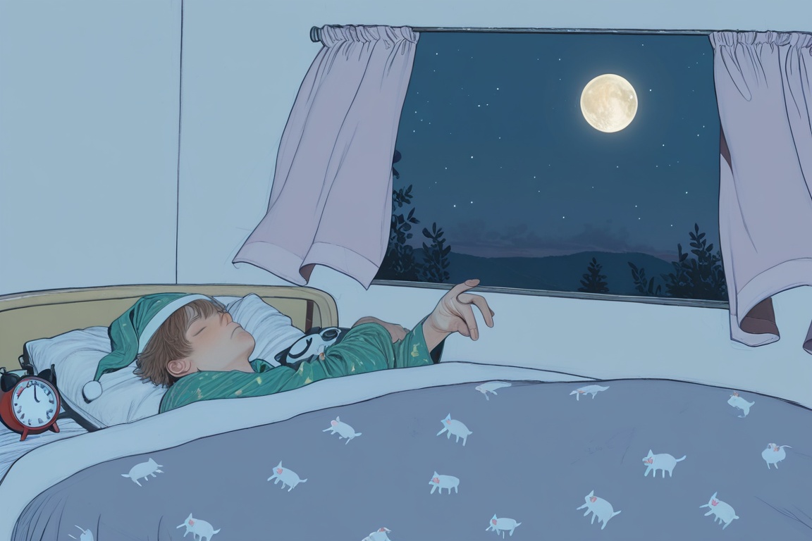 newest,  late,  1boy alarm_clock animal_hug bed brown_hair cat clock closed_eyes curtains facing_up full_moon green_hat gr...