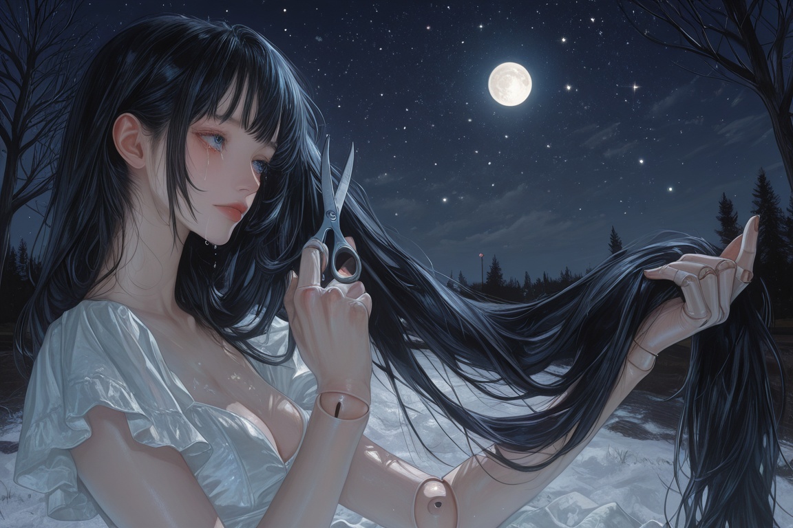 newest,  late,  1girl ambiguous_gender arm_up black_hair blue_eyes breasts cleavage crying crying_with_eyes_open cutting_h...