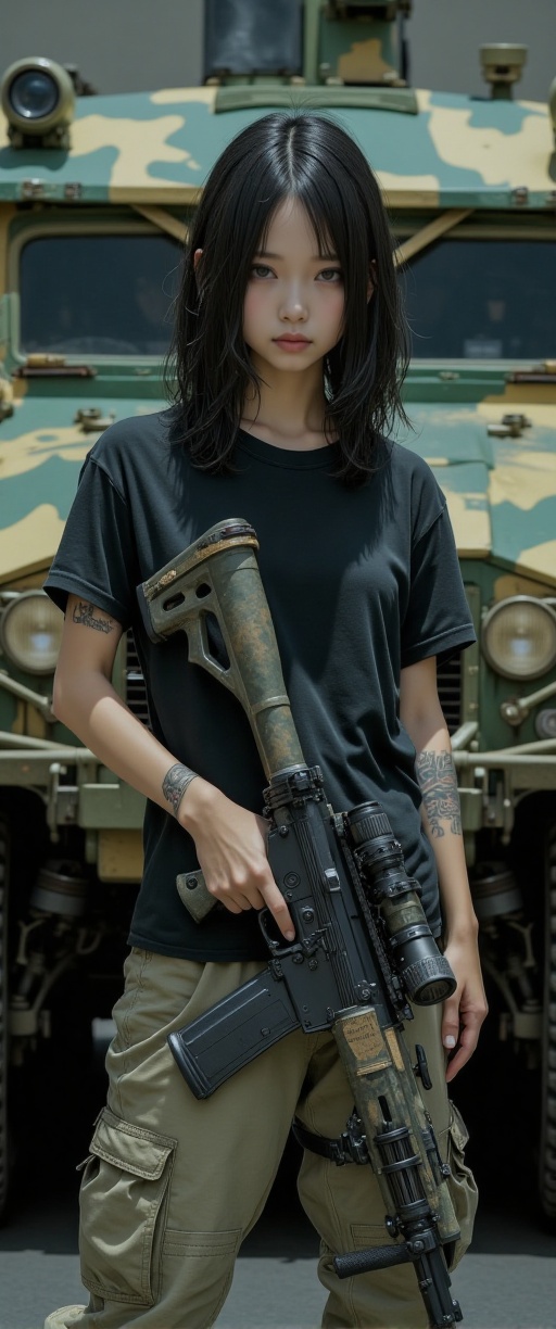 A luminous,  photorealistic image captures aThe image shows a person standing confidently with a rifle,  holding it firmly...