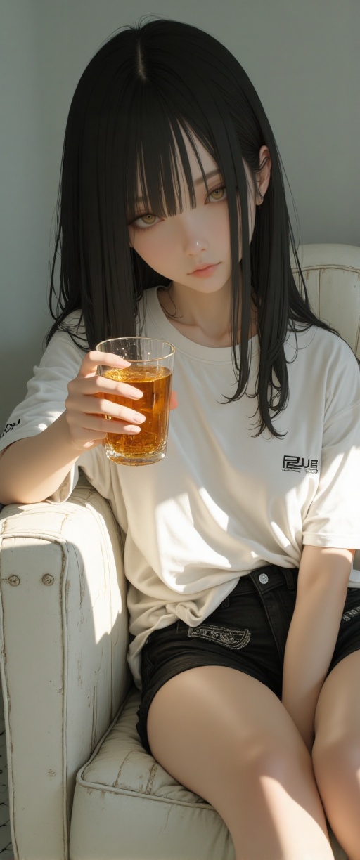 A luminous,  photorealistic image captures a The image depicts a woman with long black hair,  wearing a loose white t-shir...