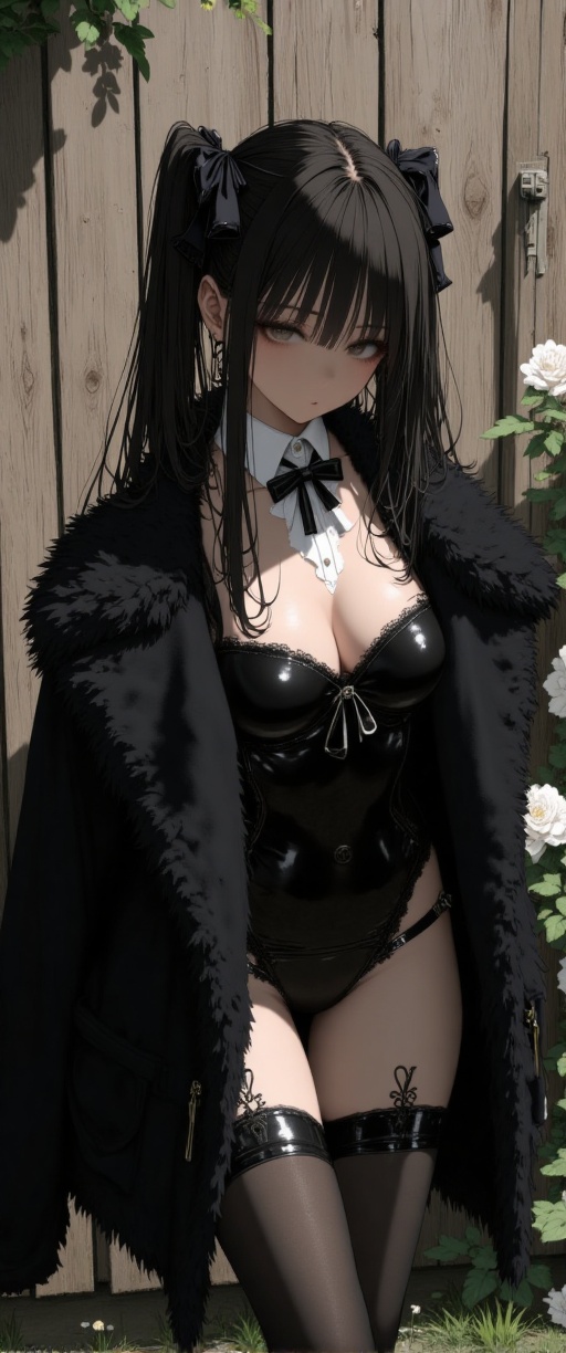 sultry sensual korean girl,  The image depicts an anime-style illustration of a woman with long dark hair tied into two po...