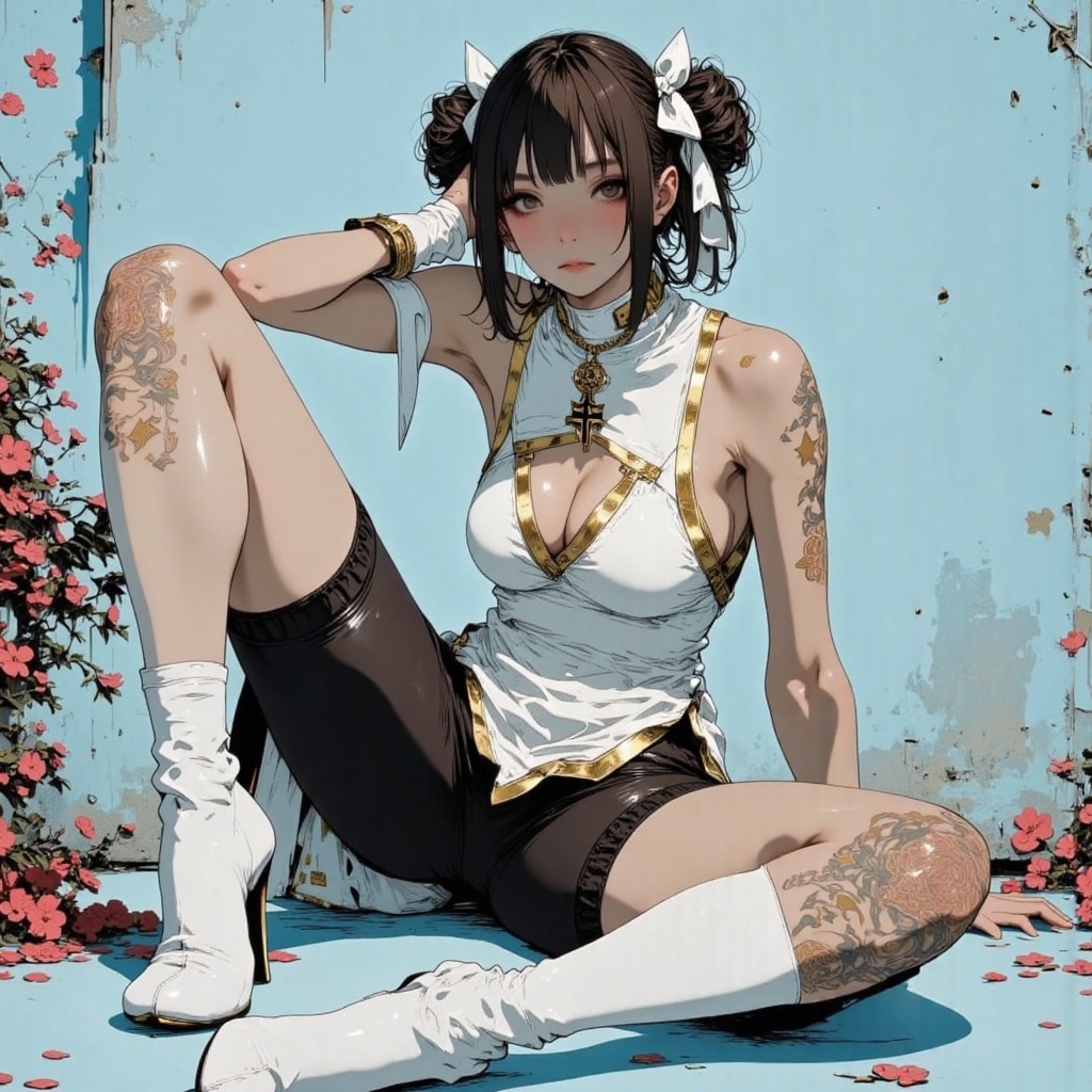Prompt: sultry sensual korean girl,  ) Dark and atmospheric character portrait in edgy,  graffiti-style.The image depicts...