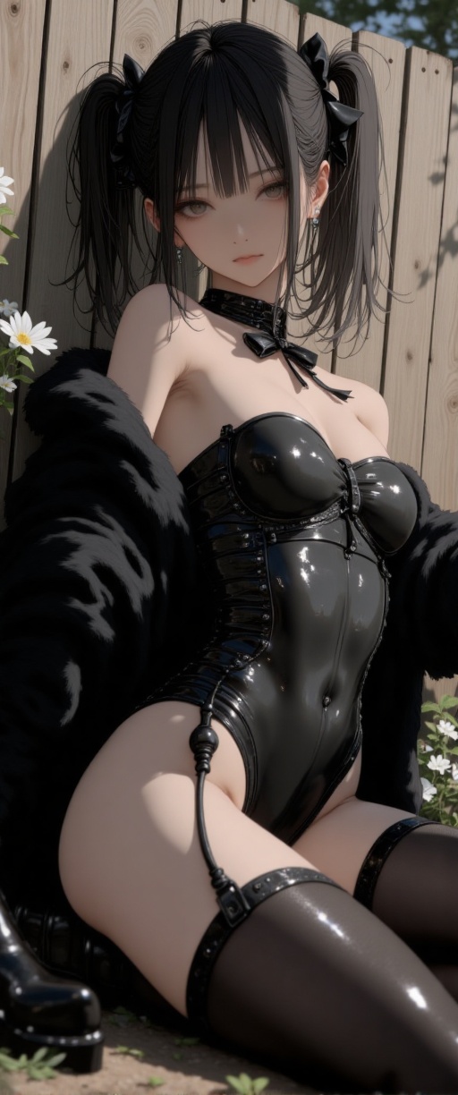 sultry sensual korean girl,  The image depicts an anime-style illustration of a woman with long dark hair tied into two po...