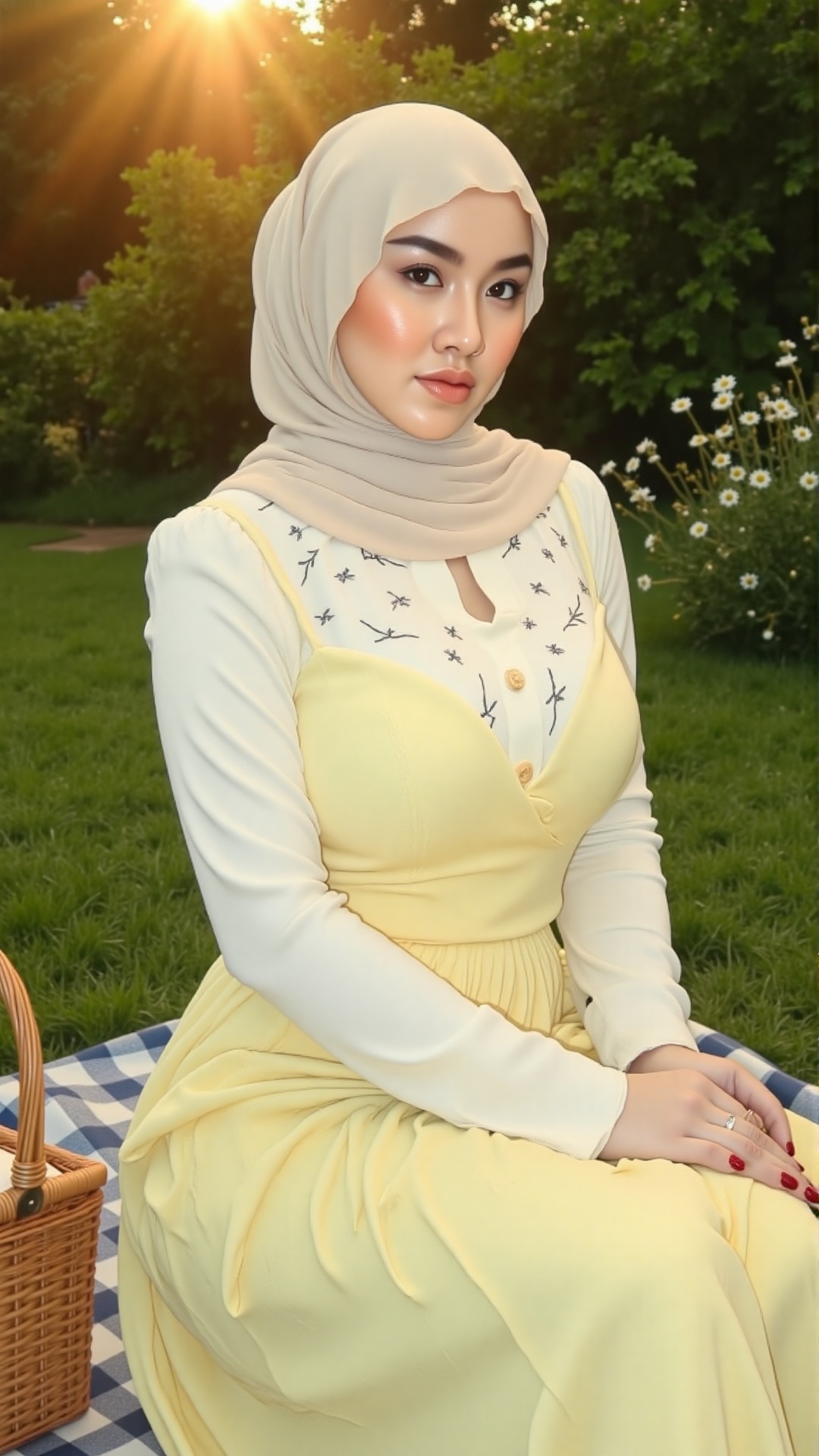 Generate a realistic portrait of a woman with big breasts wearing a soft white hijab with delicate embroidery and a sexy,...