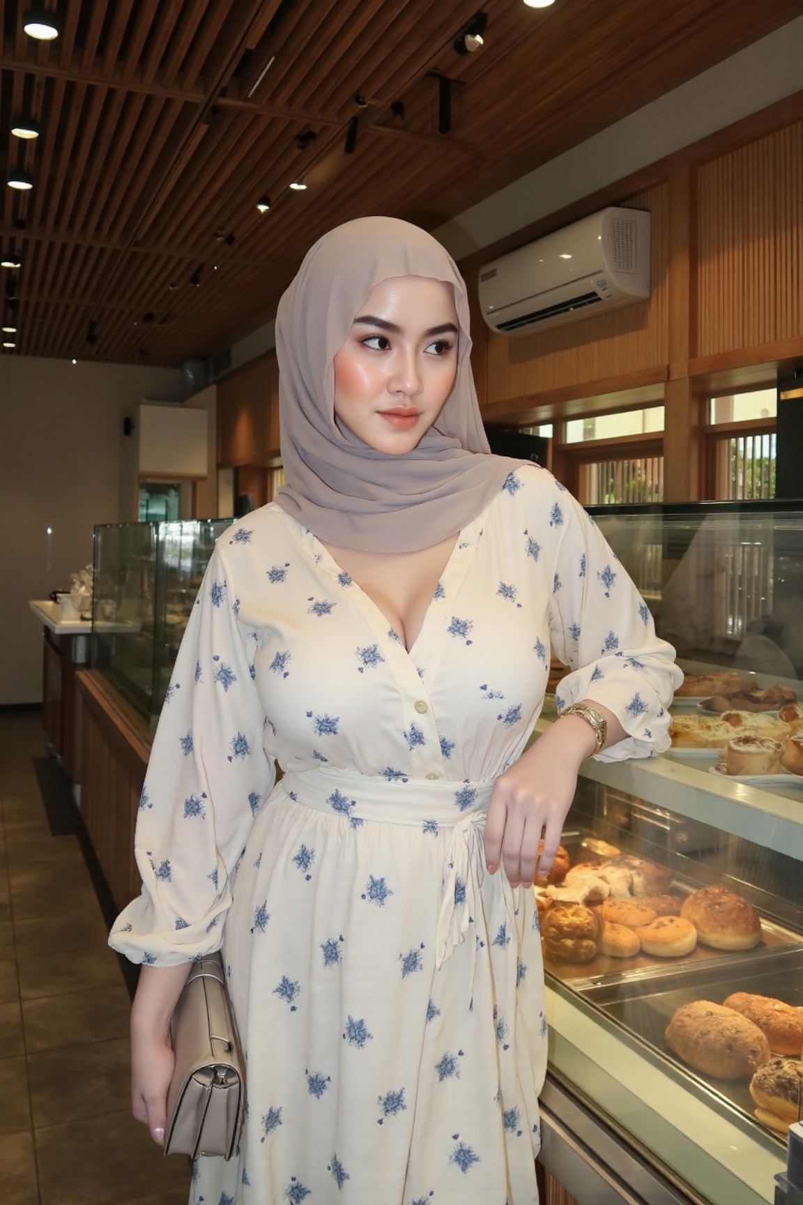 A photograph of a young woman in a modern,  warmly lit bakery. She is wearing a light grey hijab and a matching long-sleev...