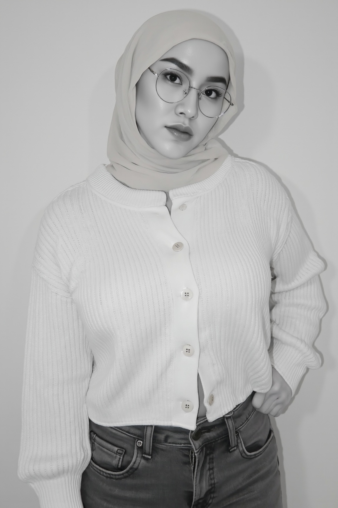A striking black and white portrait of a woman in a textured cream hijab paired with minimalist round silver glasses. She'...
