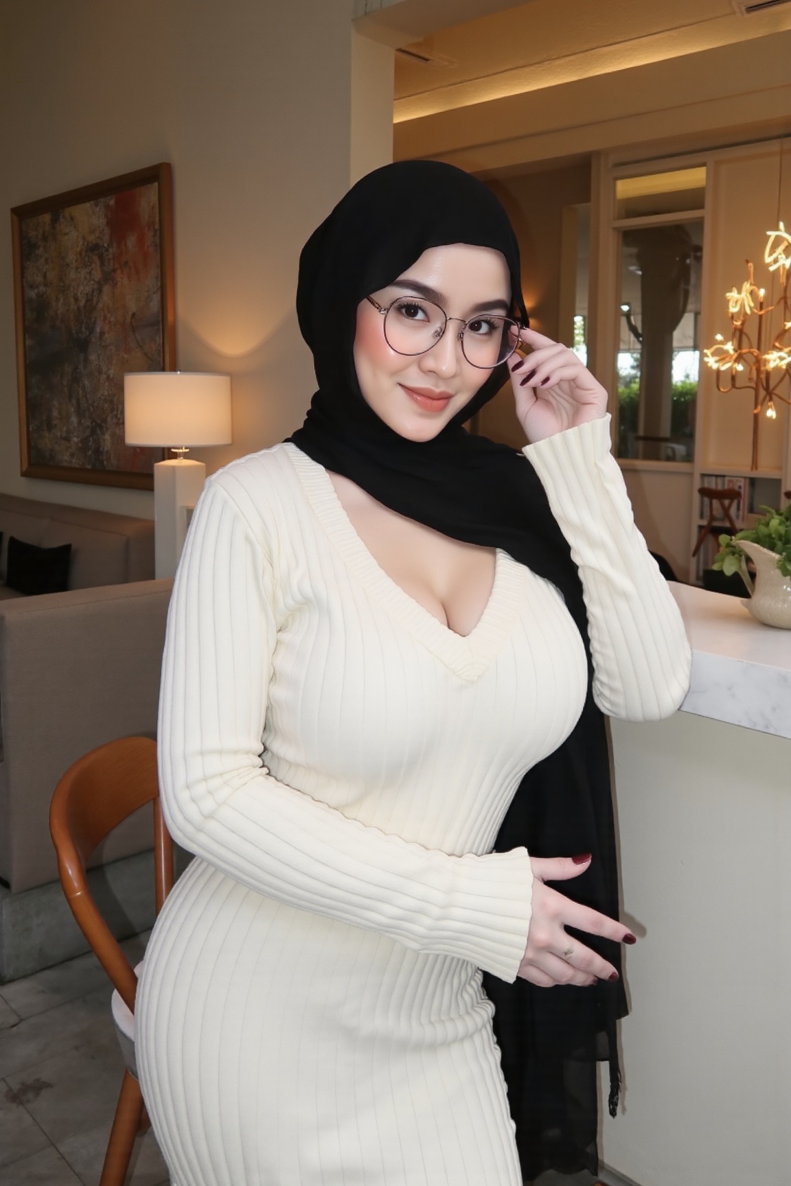In a contemporary minimalist interior,  a young woman poses confidently,  accentuating her elegance and style. She is dres...