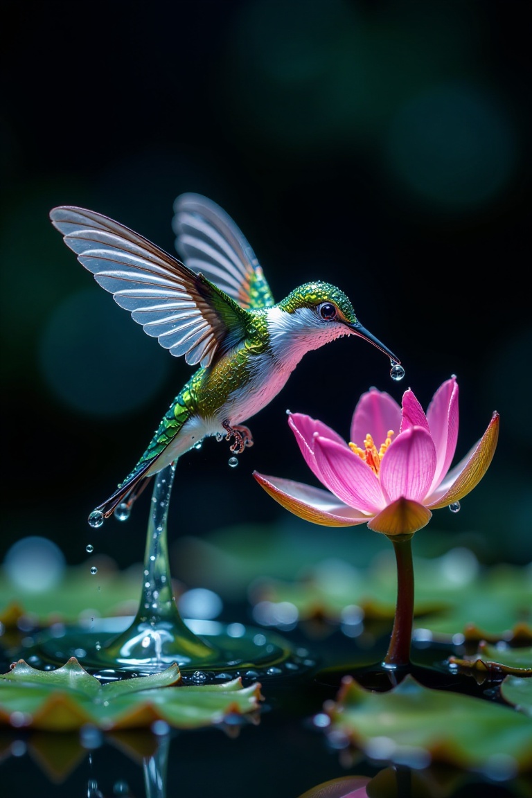microscopic photography,  a water droplet hummingbird,  its wings a blur of liquid motion on Tensor.Art