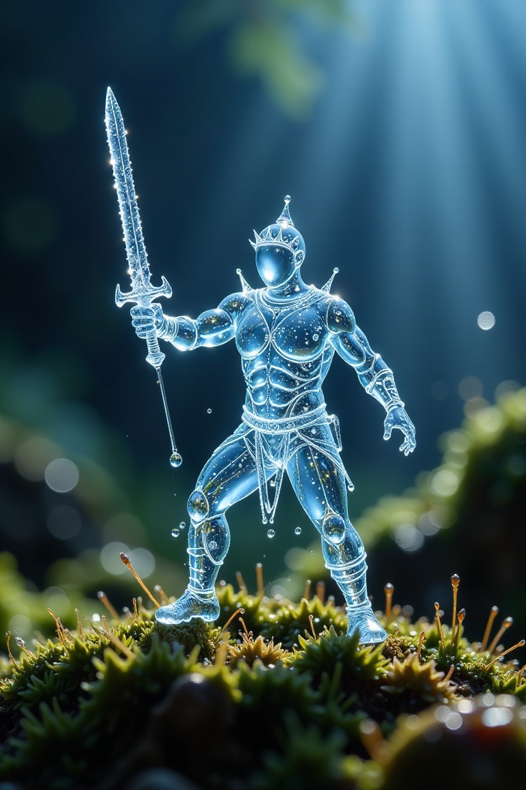 microscopic photography,  a water droplet warrior,  sculpted from frozen water on Tensor.Art