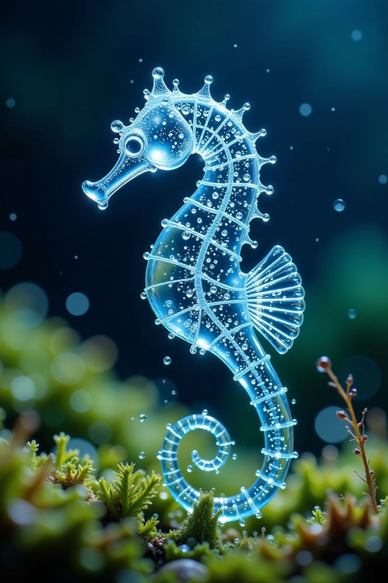 microscopic photography,  a water droplet seahorse,  its body a swirling vortex of clear water on Tensor.Art