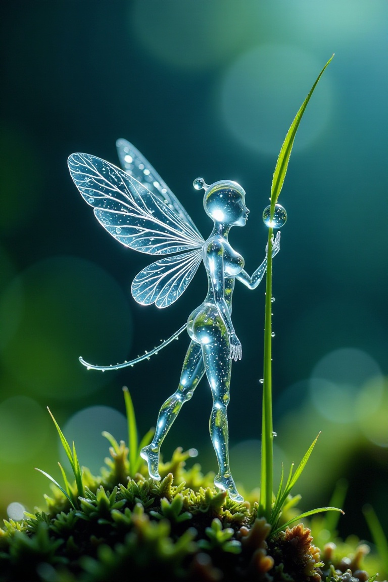 microscopic photography,  A photograph of a transparent,  delicate glass sculpture of a fairy on Tensor.Art
