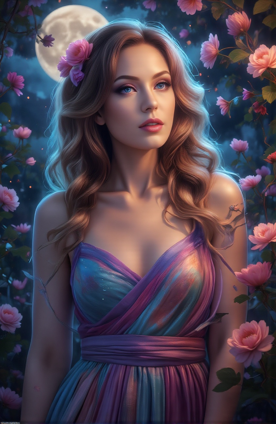 Under the moon,  a lonely figure,  wearing elegant color silk Hanfu on Tensor.Art