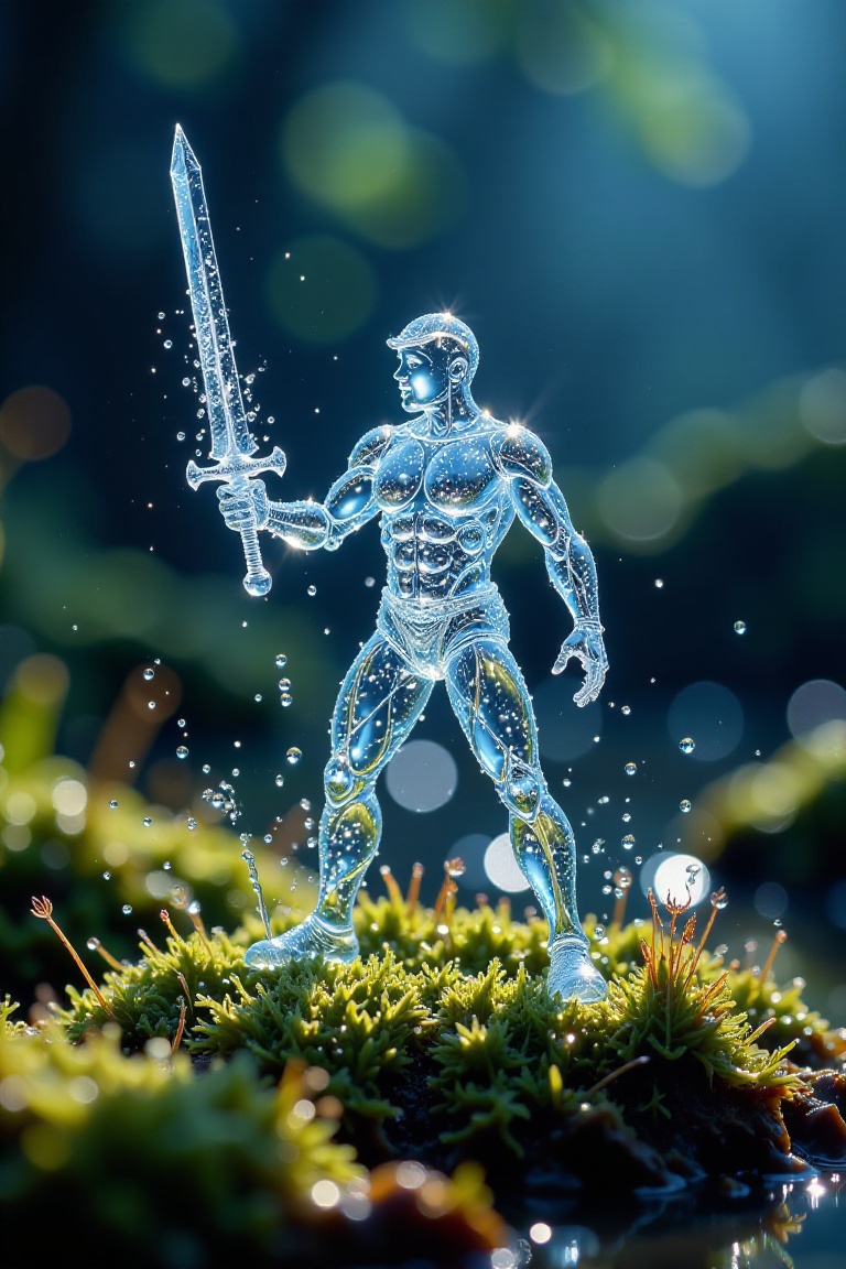 microscopic photography,  a water droplet warrior,  sculpted from frozen water on Tensor.Art